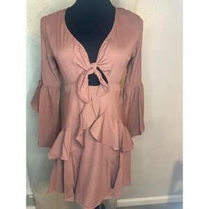 HAYDEN LOS ANGELES Rose Mauve Tie Front Ruffle Bell Sleeve Mini Dress Womens S